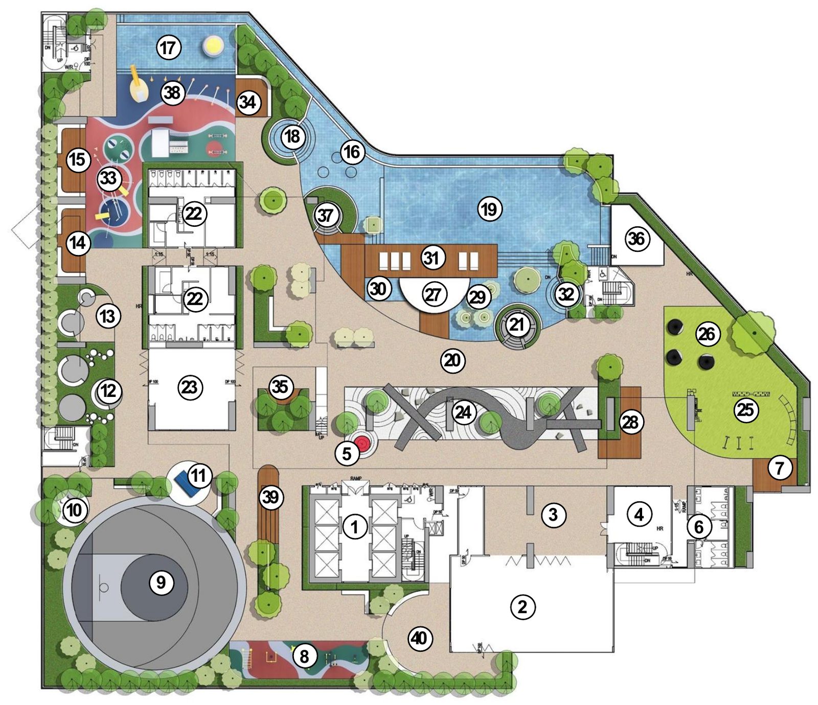 LUNAR Seputeh Level 12 podium facility plan showing infinity pool, jacuzzi, gym, basketball court, sauna and zen courtyard