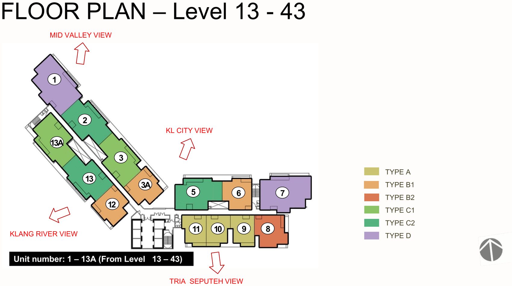 LUNAR Seputeh floor plan for Level 13 to 43 showing unit types A, B1, B2, C1, C2 and D