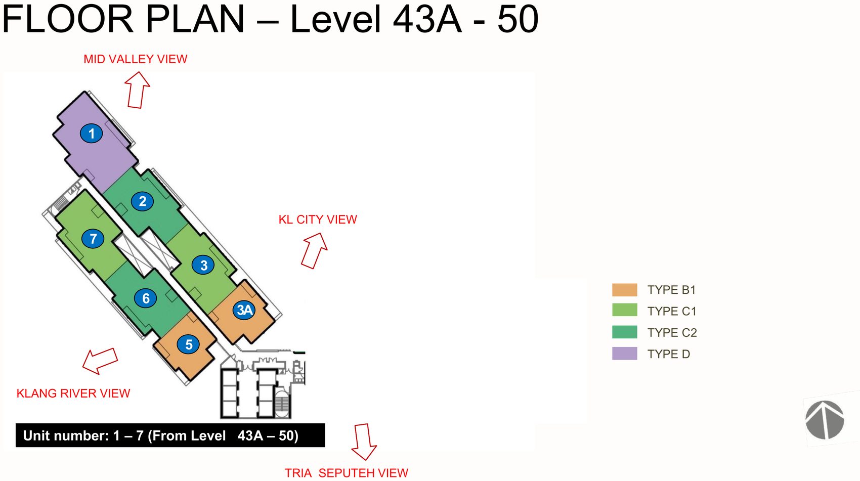 LUNAR Seputeh floor plan for Level 43A to 50 showing unit types B1, C1, C2 and D