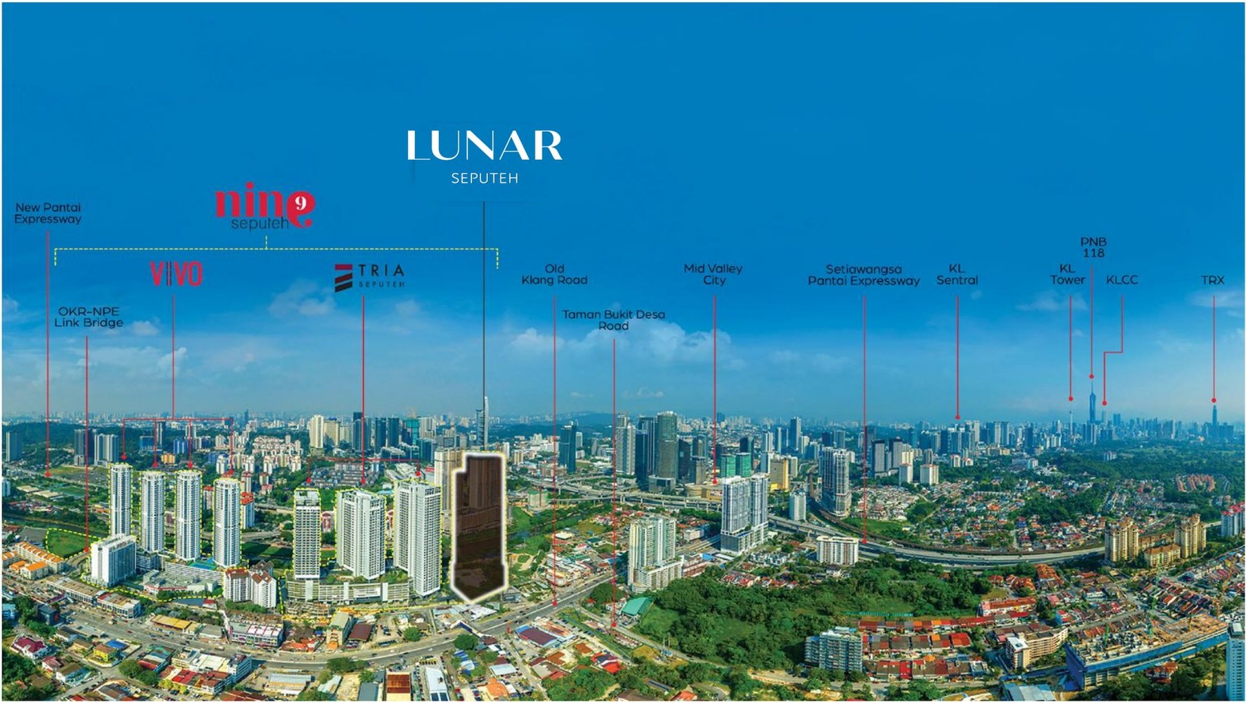 Map illustrating LUNAR Seputeh's location relative to KL Sentral, Mid Valley City, KLCC, Bangsar and the OKR-NPE Link Bridge