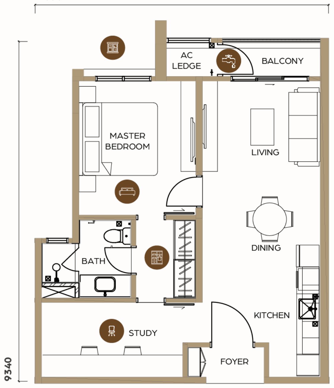 LUNAR Seputeh Type A unit layout plan, 683 square feet, 1+1 bedroom