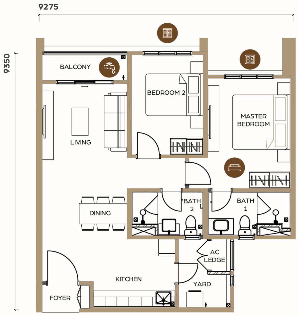 LUNAR Seputeh Type B1 unit layout plan, 841 square feet, 2 bedroom