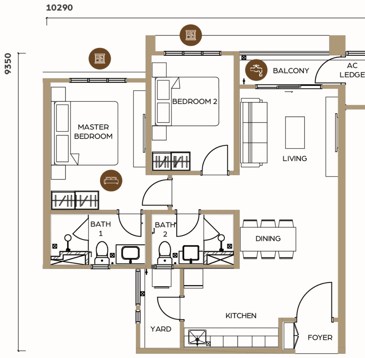 LUNAR Seputeh Type B1A unit layout plan, 841 square feet, 2 bedroom