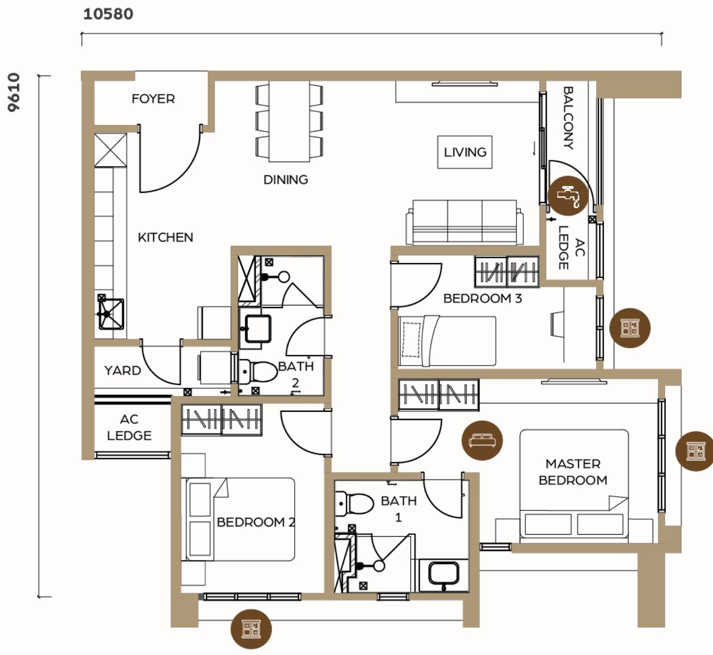 LUNAR Seputeh Type B2 unit layout plan, 930 square feet, 3 bedroom