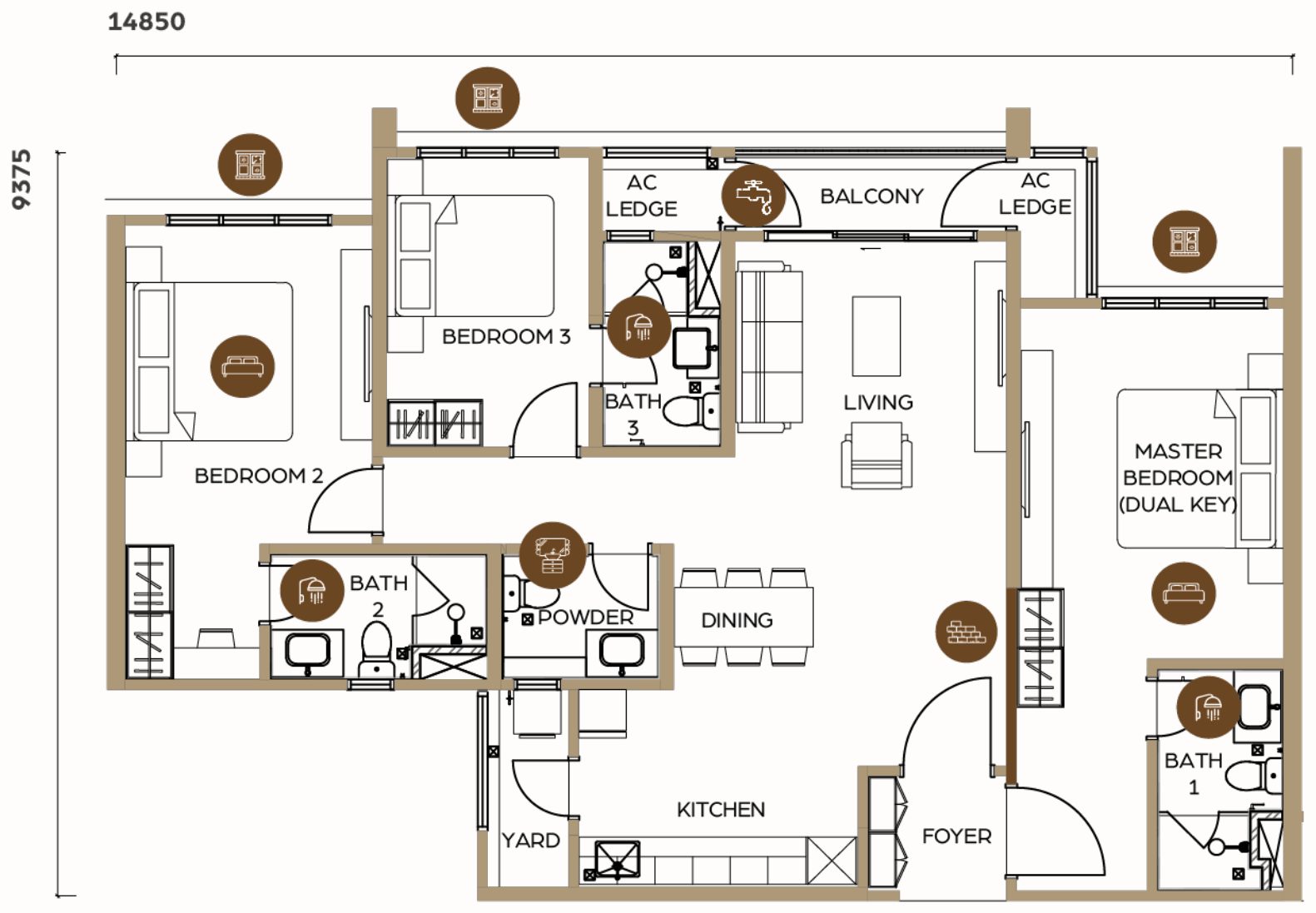 LUNAR Seputeh Type C1 unit layout plan, 1280 square feet, 3 bedroom