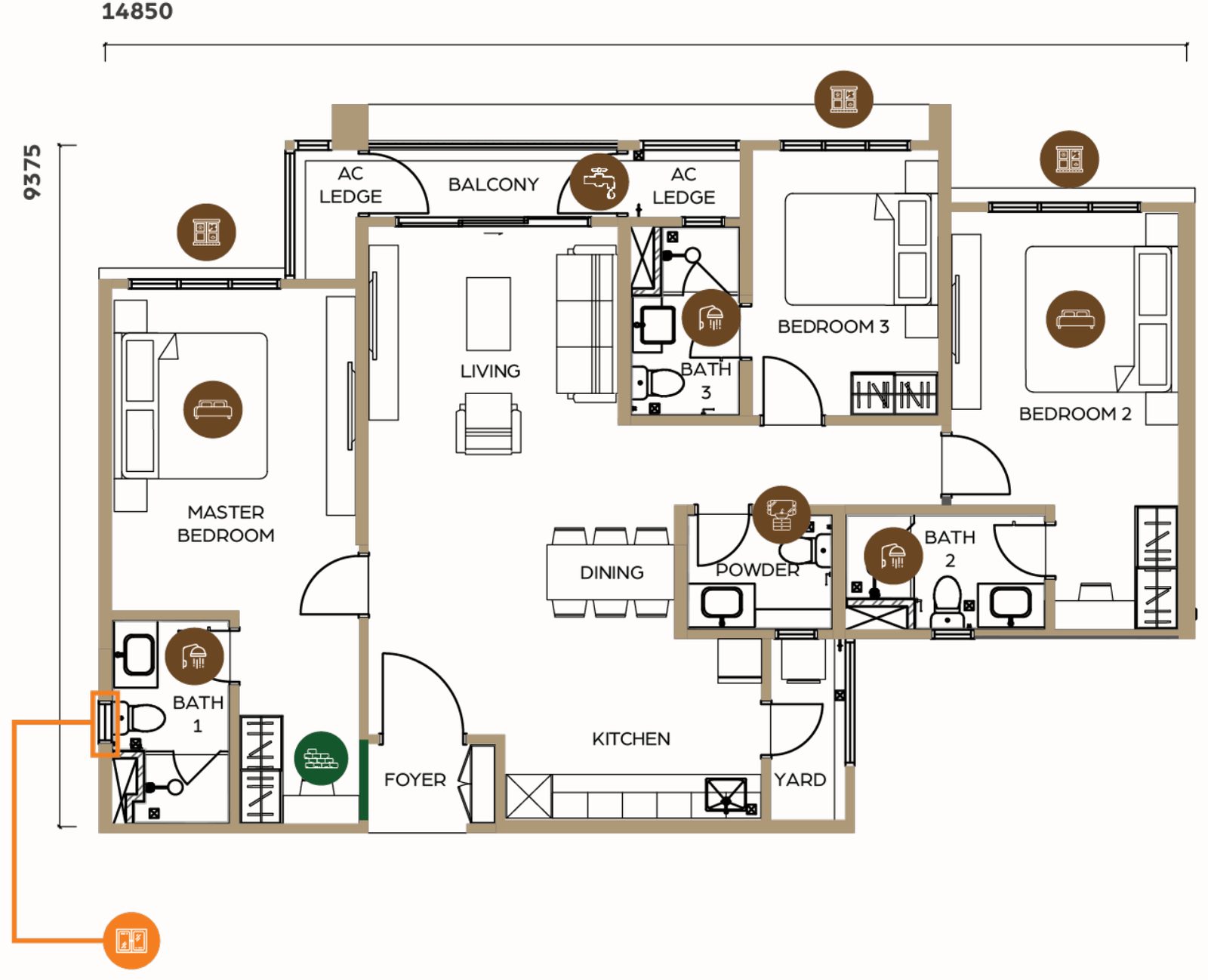 LUNAR Seputeh Type C2 and C2A unit layout plan, 1280 square feet, 3 bedroom
